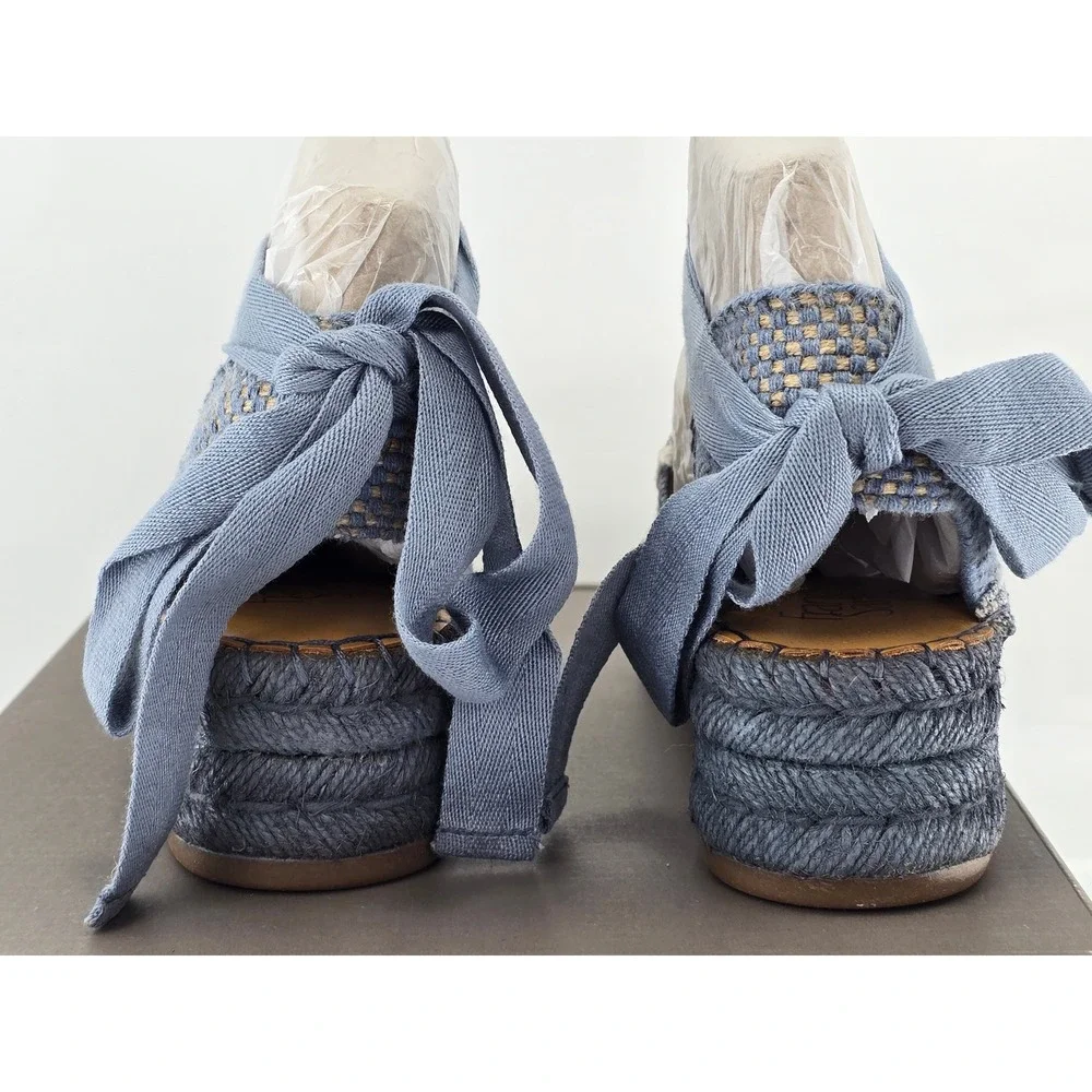 Franco Sarto L-Britney Espadrille Sandals Womens 7.5 Blue Denim Wedge Tie -New